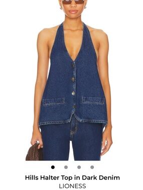 Lioness Denim Halter Button-Front Vest in Deep Blue - XS